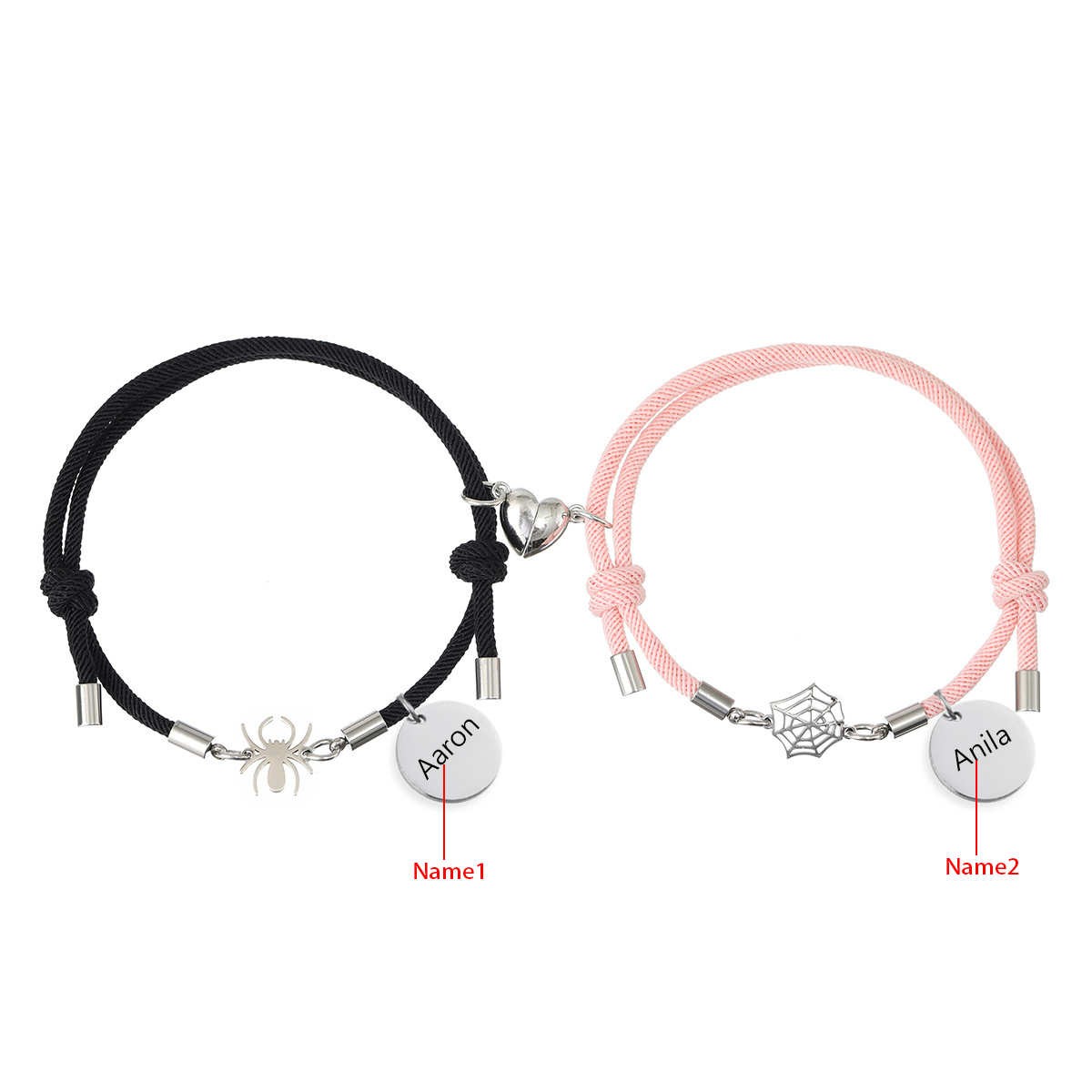 Pulsera de dos piezas de cuerda 2 nombres personalizados para pareja con dije magnético con araña y telaraña