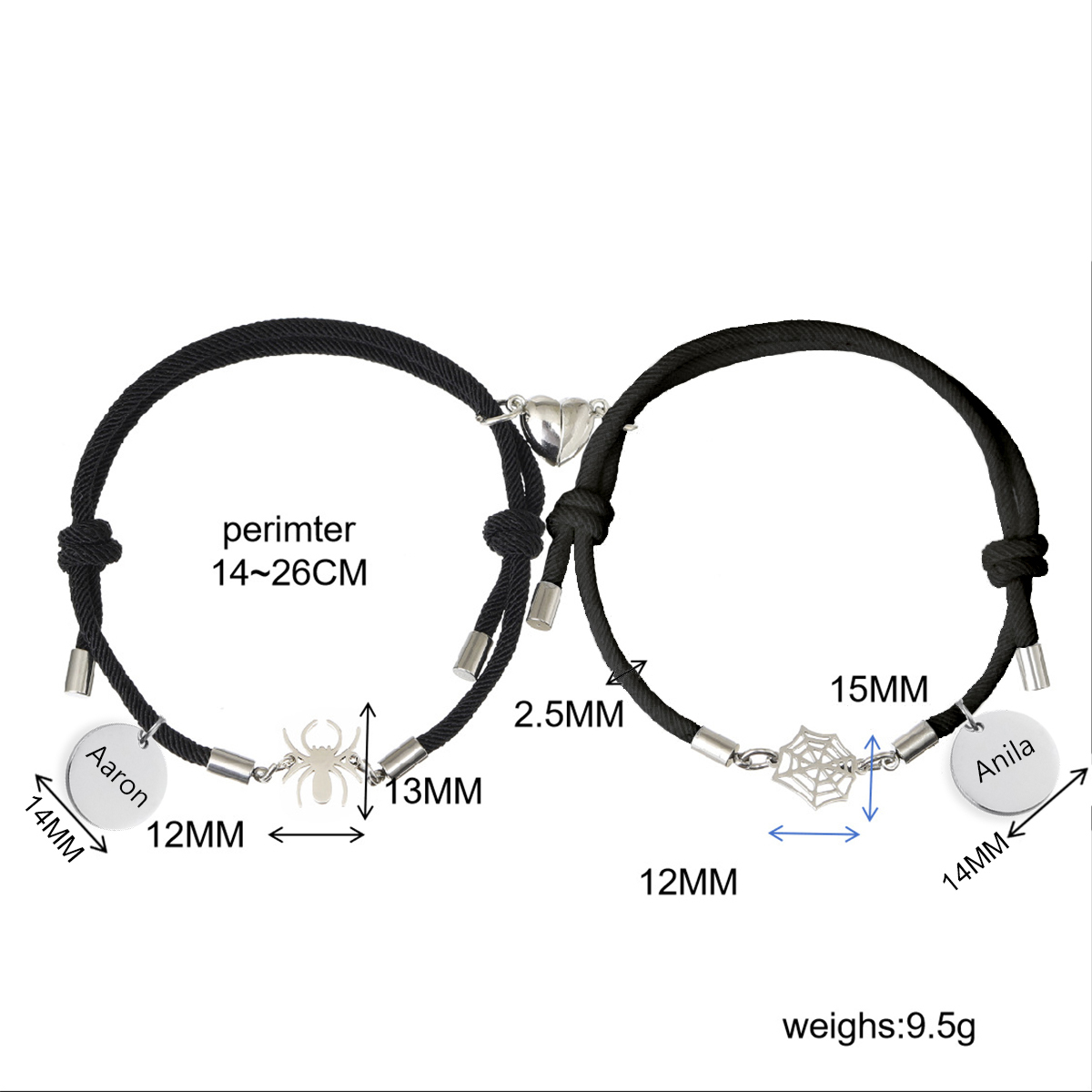 Pulsera de dos piezas de cuerda 2 nombres personalizados para pareja con dije magnético con araña y telaraña