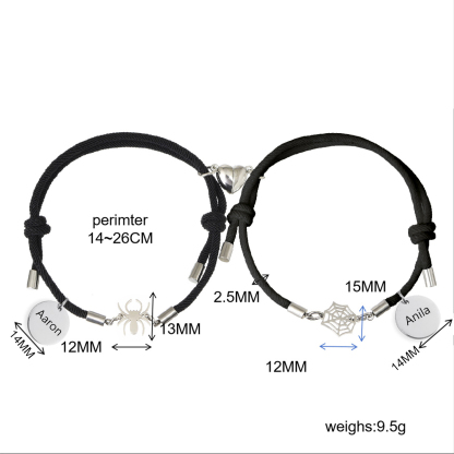 Pulsera de dos piezas de cuerda 2 nombres personalizados para pareja con dije magnético con araña y telaraña