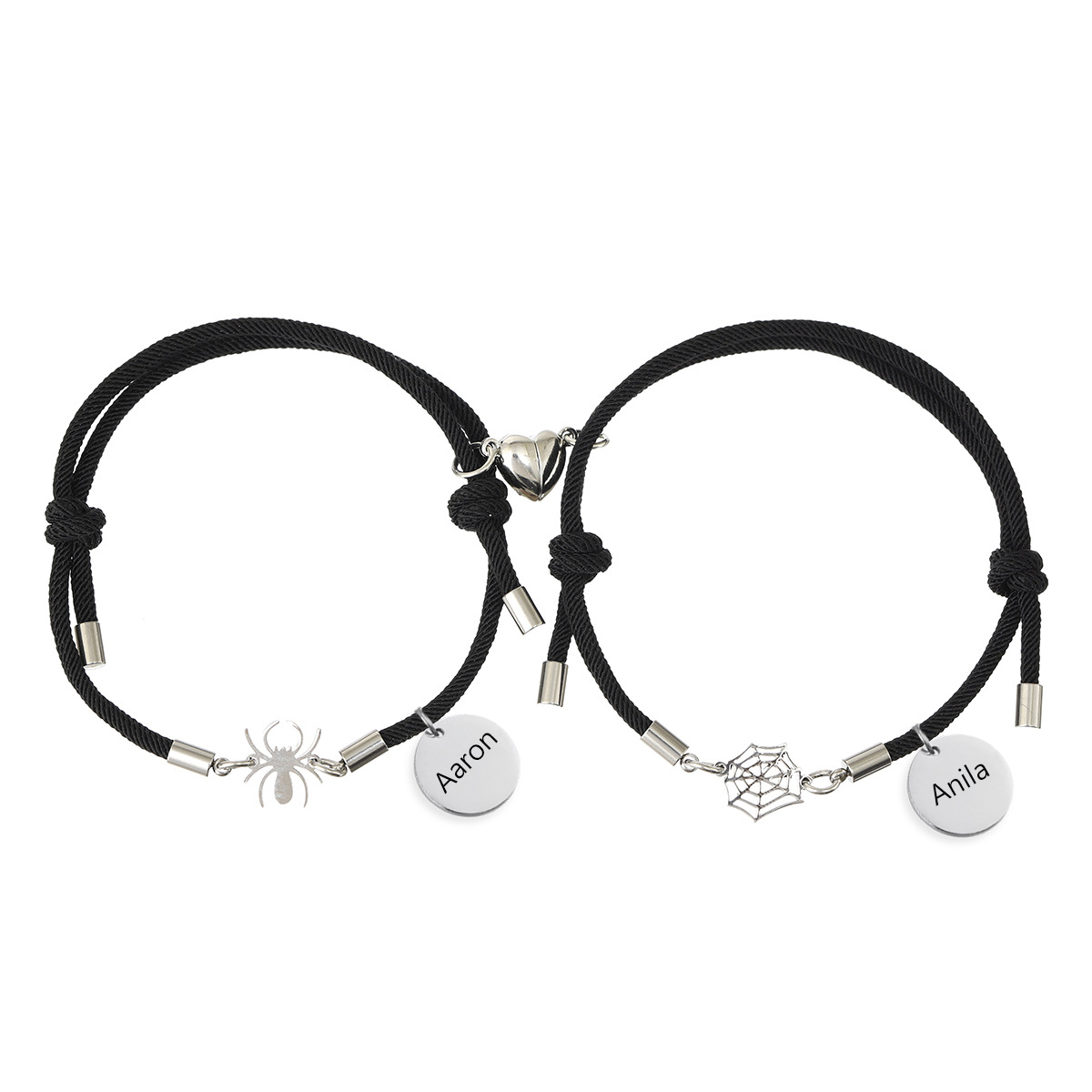 Pulsera de dos piezas de cuerda 2 nombres personalizados para pareja con dije magnético con araña y telaraña