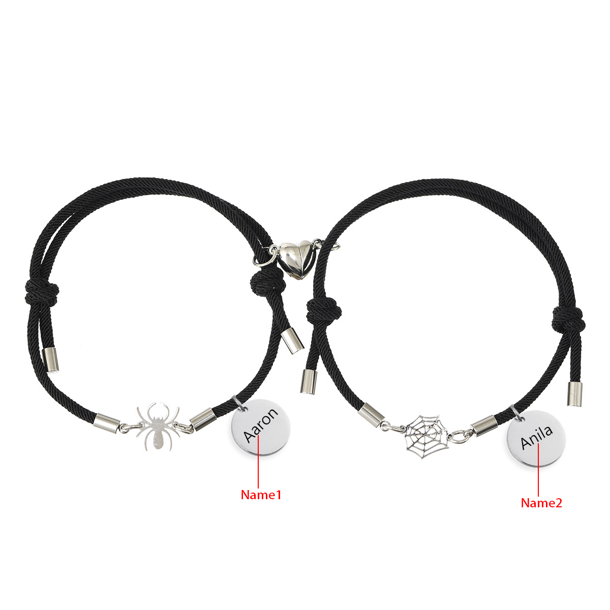 Pulsera de dos piezas de cuerda 2 nombres personalizados para pareja con dije magnético con araña y telaraña