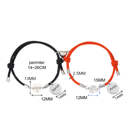 Pulsera de dos piezas de cuerda 2 nombres personalizados para pareja con dije magnético con araña y telaraña