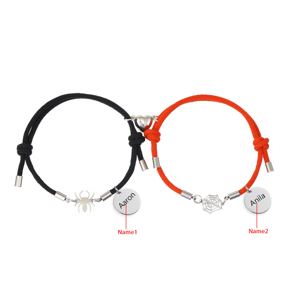 Pulsera de dos piezas de cuerda 2 nombres personalizados para pareja con dije magnético con araña y telaraña