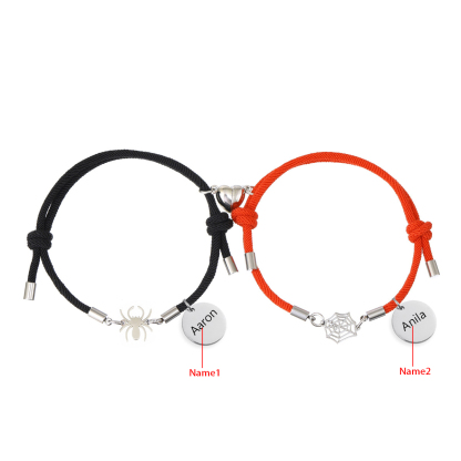 Pulsera de dos piezas de cuerda 2 nombres personalizados para pareja con dije magnético con araña y telaraña