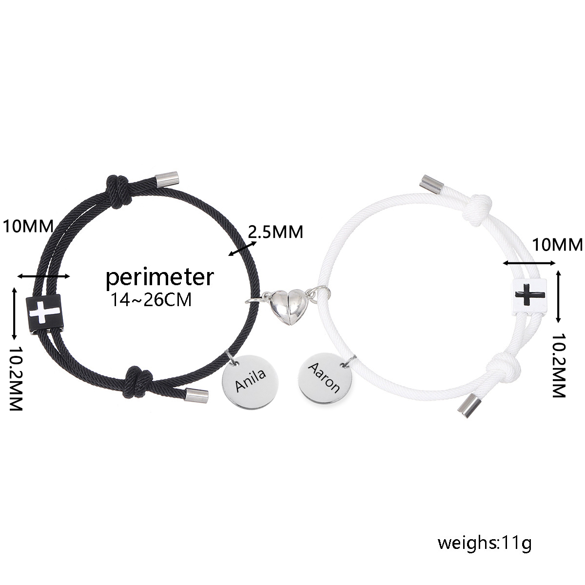 Pulsera de dos piezas de cuerda 2 nombres personalizados para pareja con dije magnético con cruz
