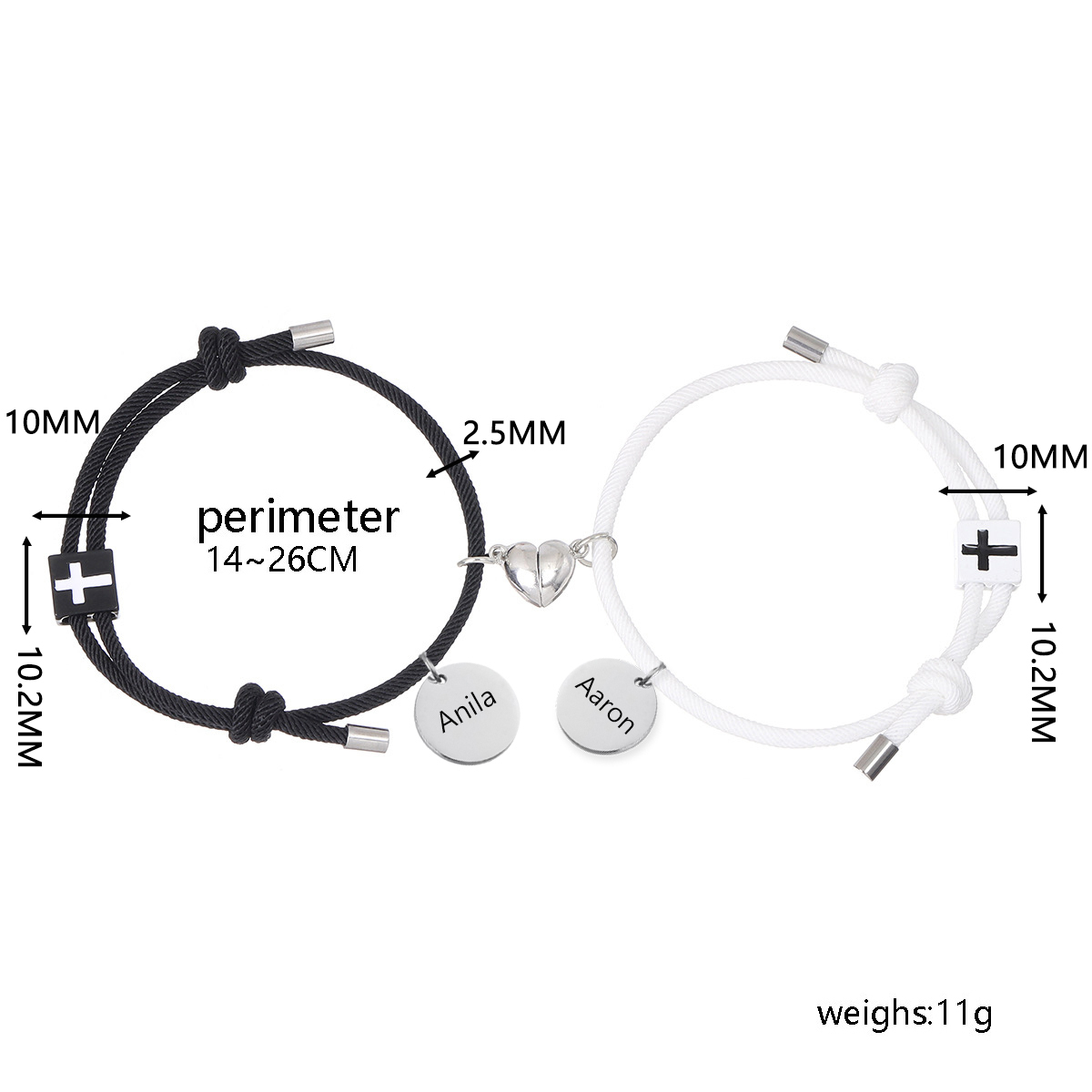 Pulsera de dos piezas de cuerda 2 nombres personalizados para pareja con dije magnético con cruz