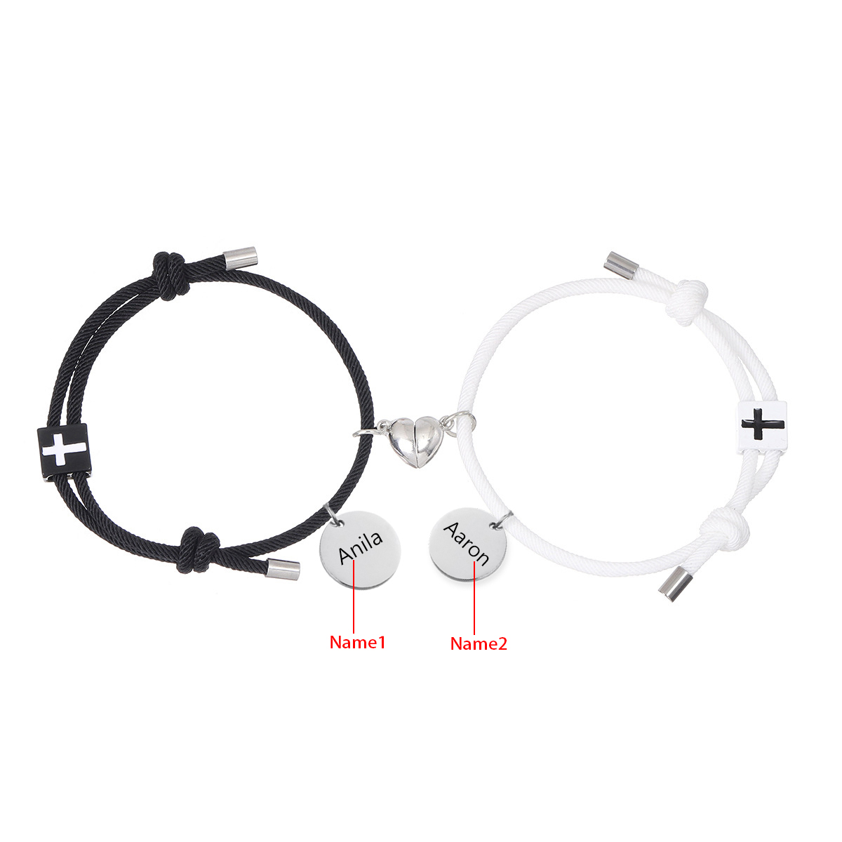 Pulsera de dos piezas de cuerda 2 nombres personalizados para pareja con dije magnético con cruz