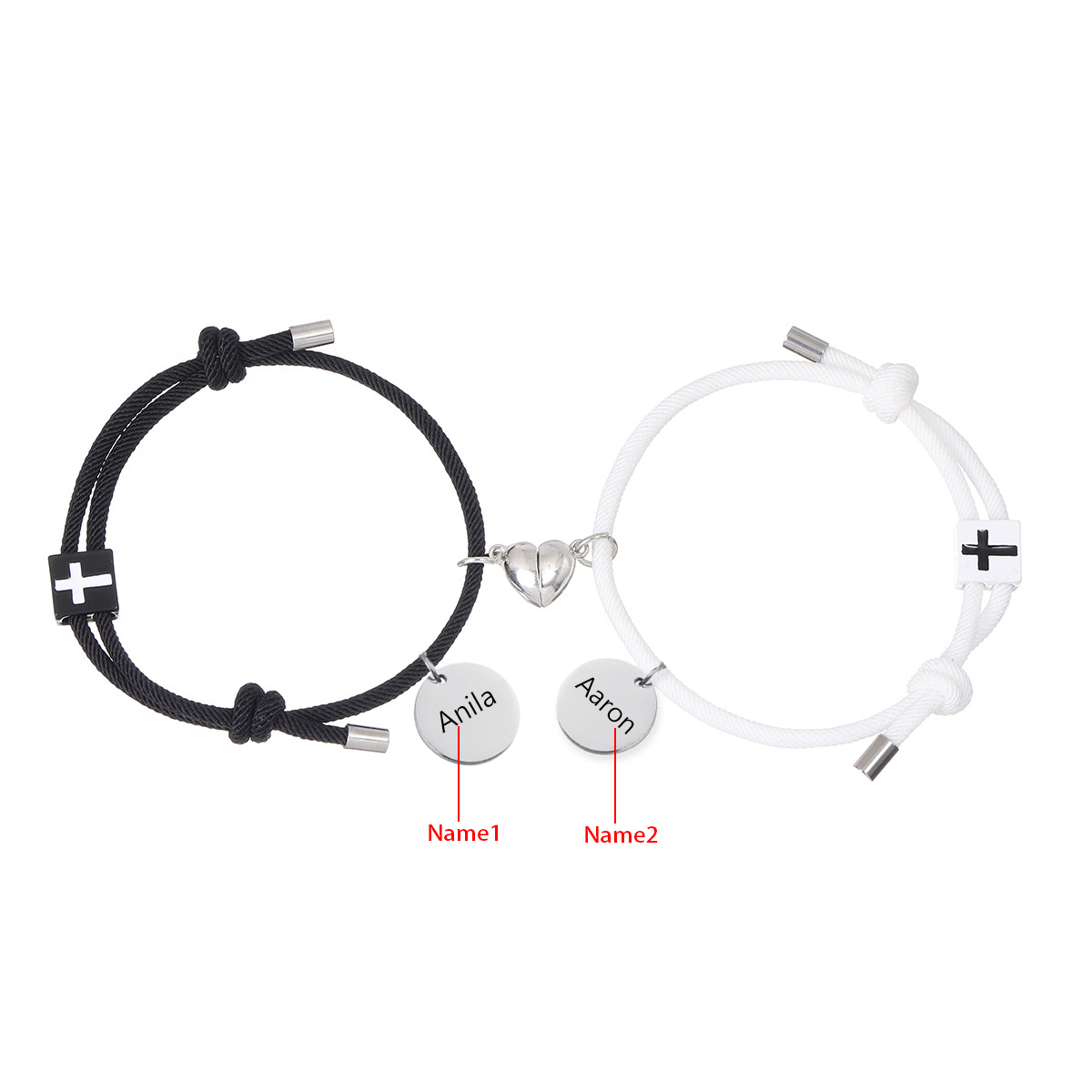 Pulsera de dos piezas de cuerda 2 nombres personalizados para pareja con dije magnético con cruz