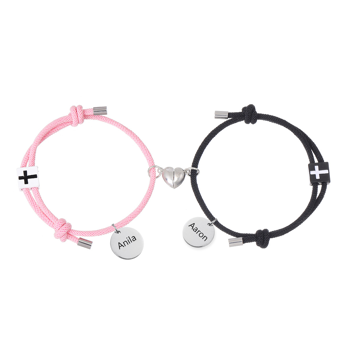 Pulsera de dos piezas de cuerda 2 nombres personalizados para pareja con dije magnético con cruz