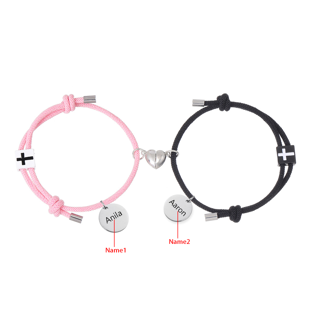 Pulsera de dos piezas de cuerda 2 nombres personalizados para pareja con dije magnético con cruz