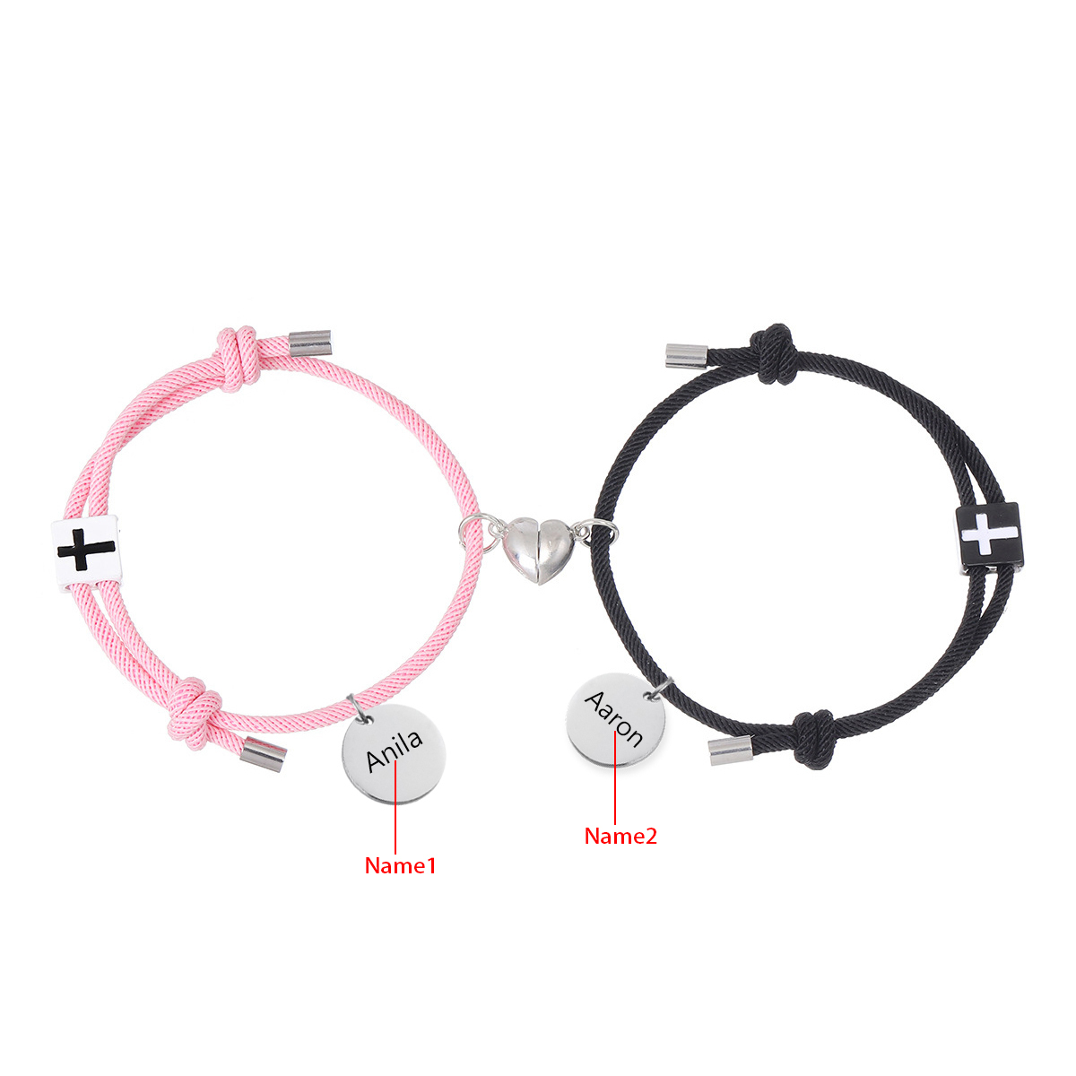 Pulsera de dos piezas de cuerda 2 nombres personalizados para pareja con dije magnético con cruz