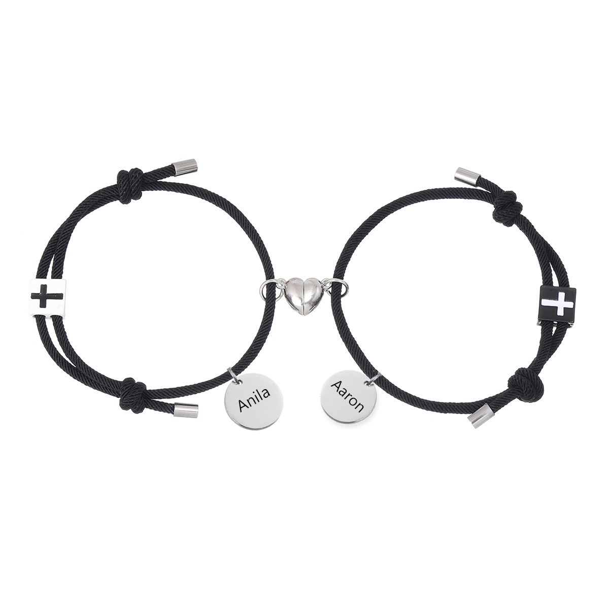 Pulsera de dos piezas de cuerda 2 nombres personalizados para pareja con dije magnético con cruz