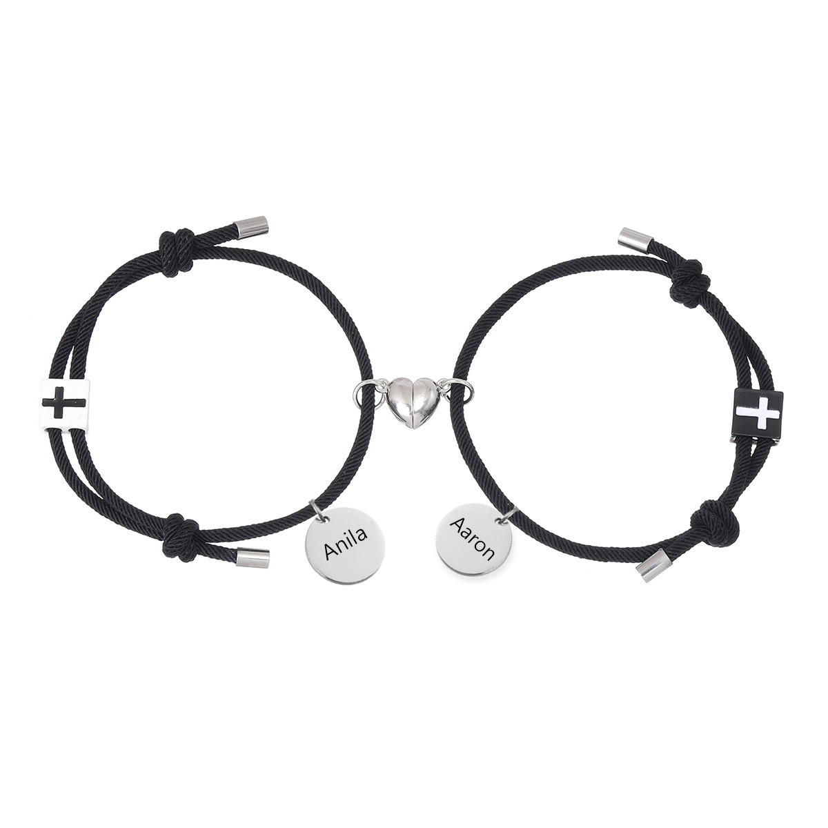 Pulsera de dos piezas de cuerda 2 nombres personalizados para pareja con dije magnético con cruz