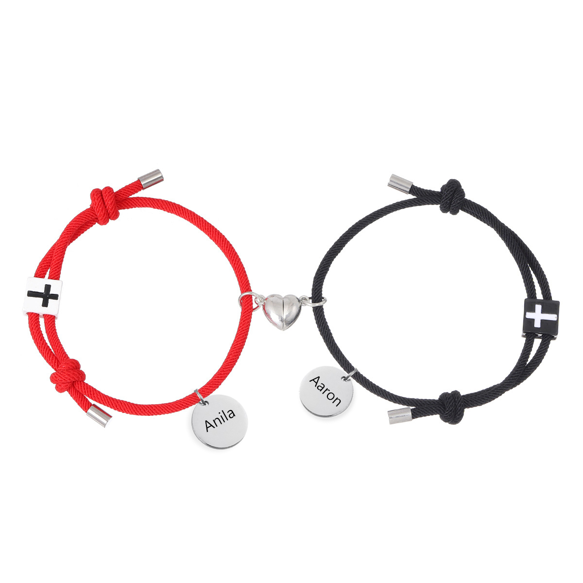 Pulsera de dos piezas de cuerda 2 nombres personalizados para pareja con dije magnético con cruz
