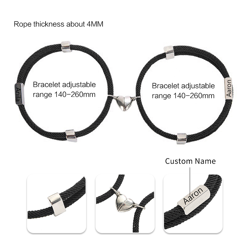 Pulsera de dos piezas de cuerda con 2 nombres personalizados para pareja con dije magnético