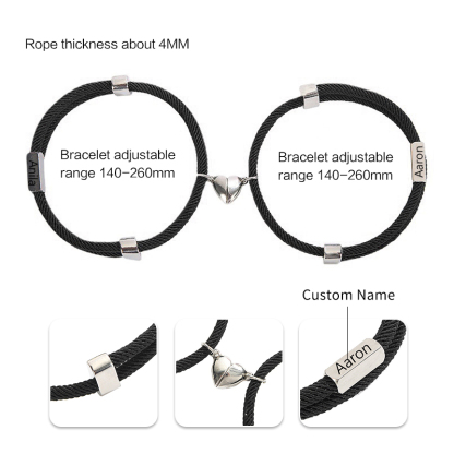 Pulsera de dos piezas de cuerda con 2 nombres personalizados para pareja con dije magnético