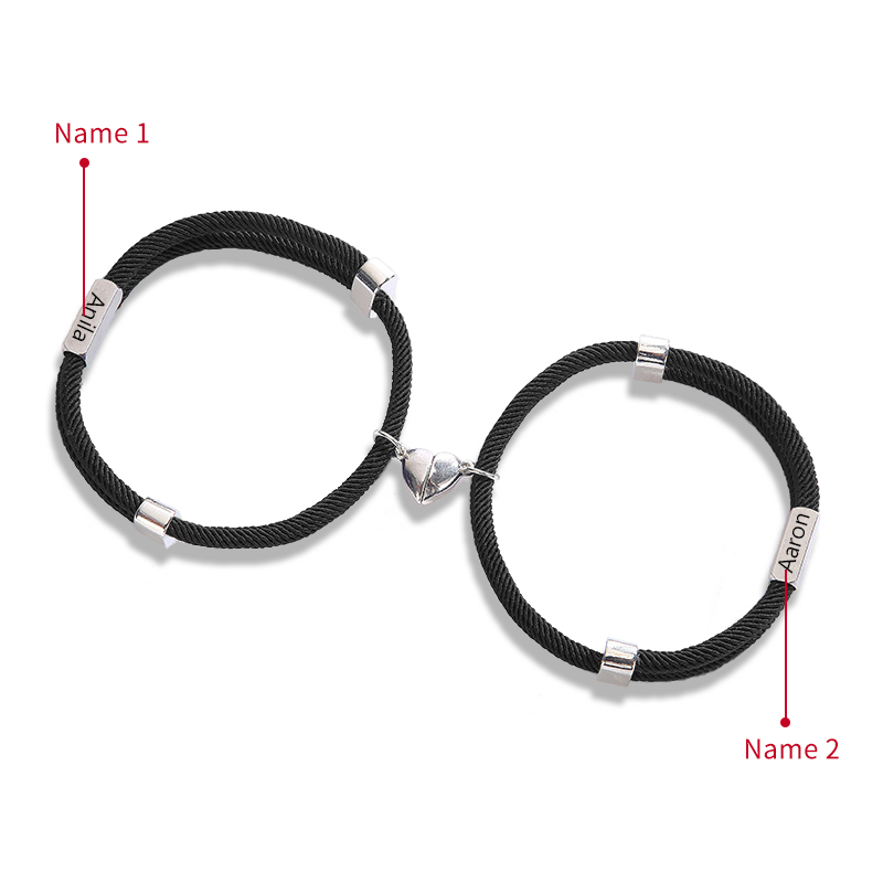 Pulsera de dos piezas de cuerda con 2 nombres personalizados para pareja con dije magnético