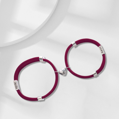 Pulsera de dos piezas de cuerda con 2 nombres personalizados para pareja con dije magnético