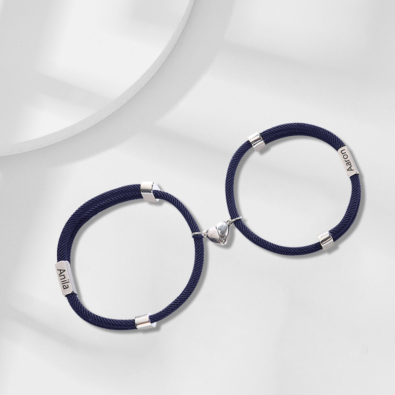 Pulsera de dos piezas de cuerda con 2 nombres personalizados para pareja con dije magnético