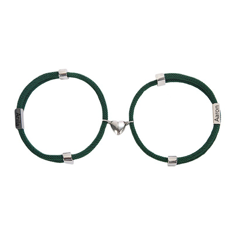 Pulsera de dos piezas de cuerda con 2 nombres personalizados para pareja con dije magnético