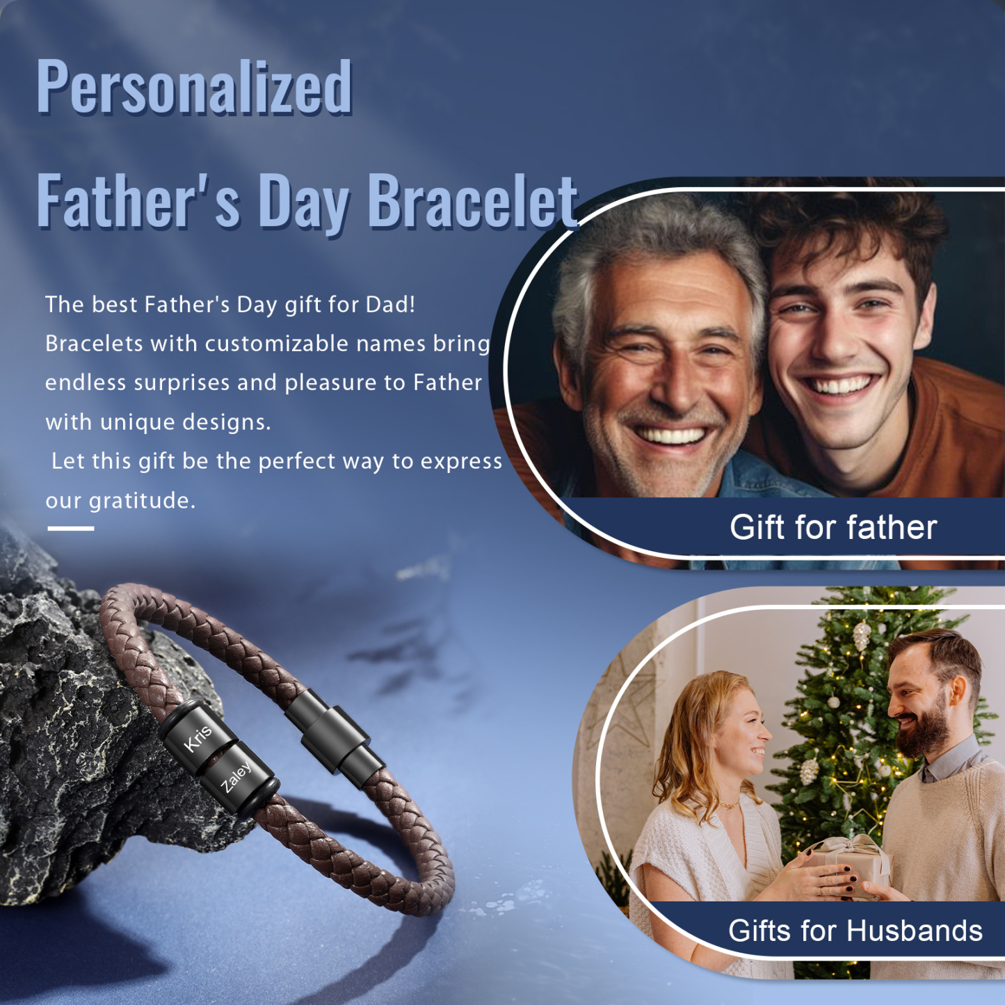 Pulsera de cuero trenzado con 2 nombres negro o marrón pulsera personalizada para hombre | Jessemade