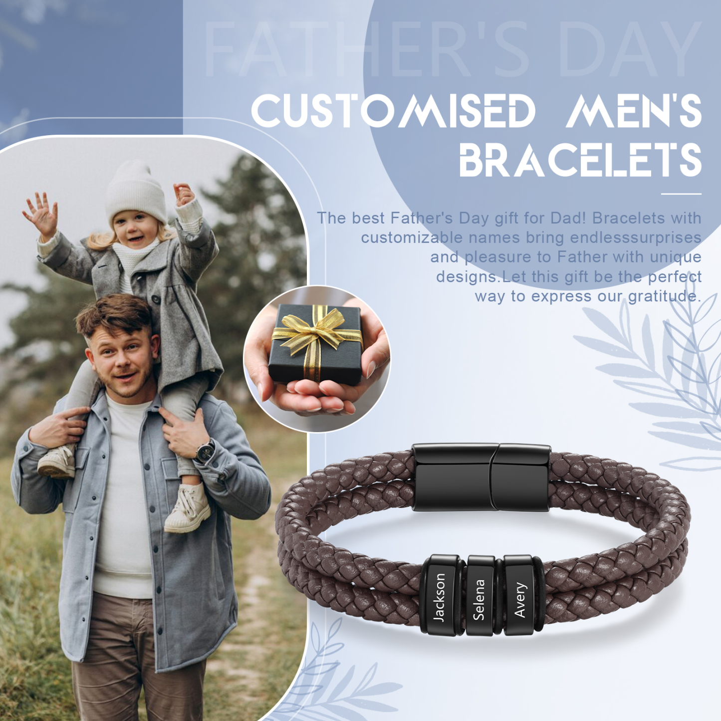 Pulsera de cuero trenzado de hombre con 3 perlas personalizadas con 3 nombres