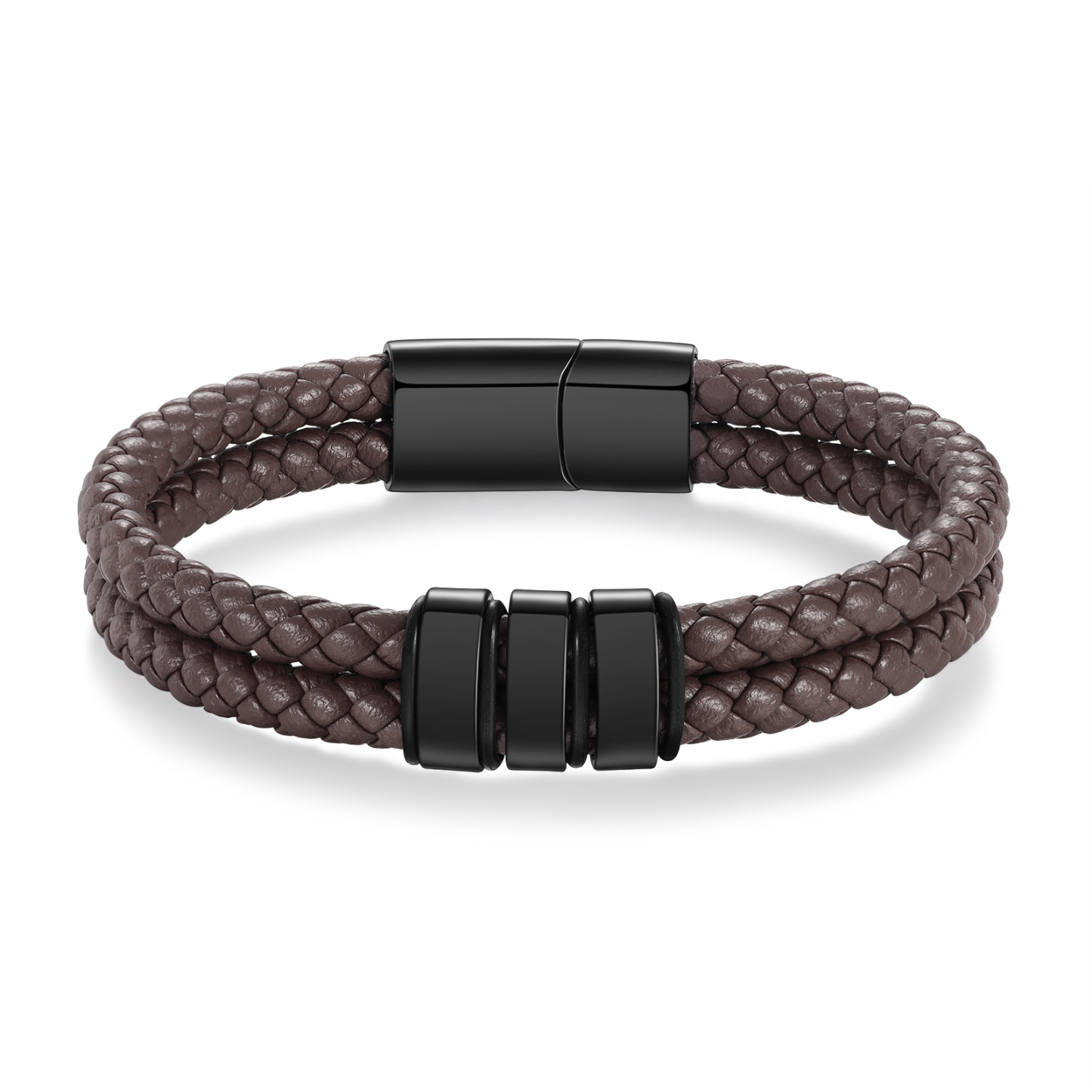 Pulsera de cuero trenzado de hombre con 3 perlas personalizadas con 3 nombres