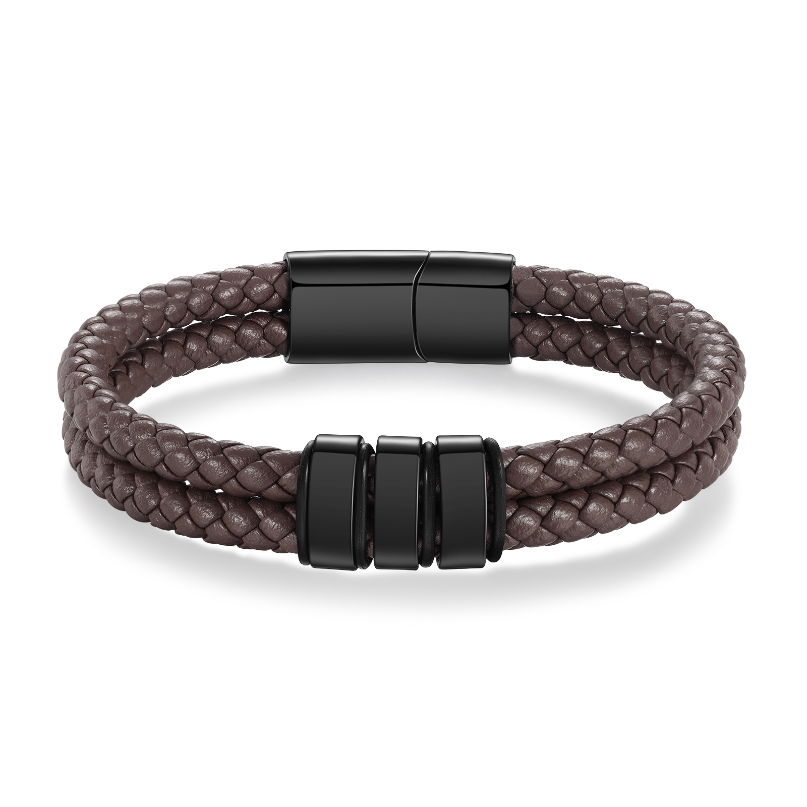 Pulsera de cuero trenzado de hombre con 3 perlas personalizadas con 3 nombres