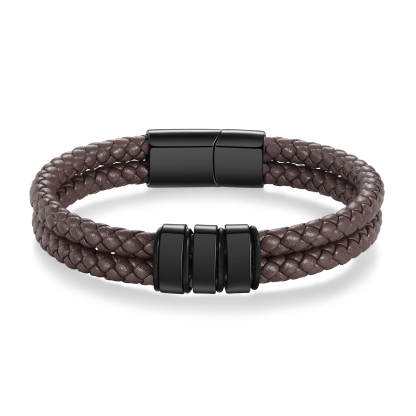 Pulsera de cuero trenzado de hombre con 3 perlas personalizadas con 3 nombres