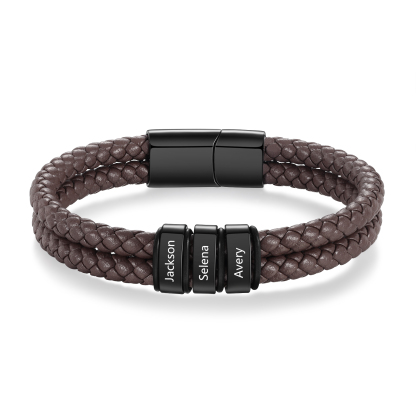 Pulsera de cuero trenzado de hombre con 3 perlas personalizadas con 3 nombres