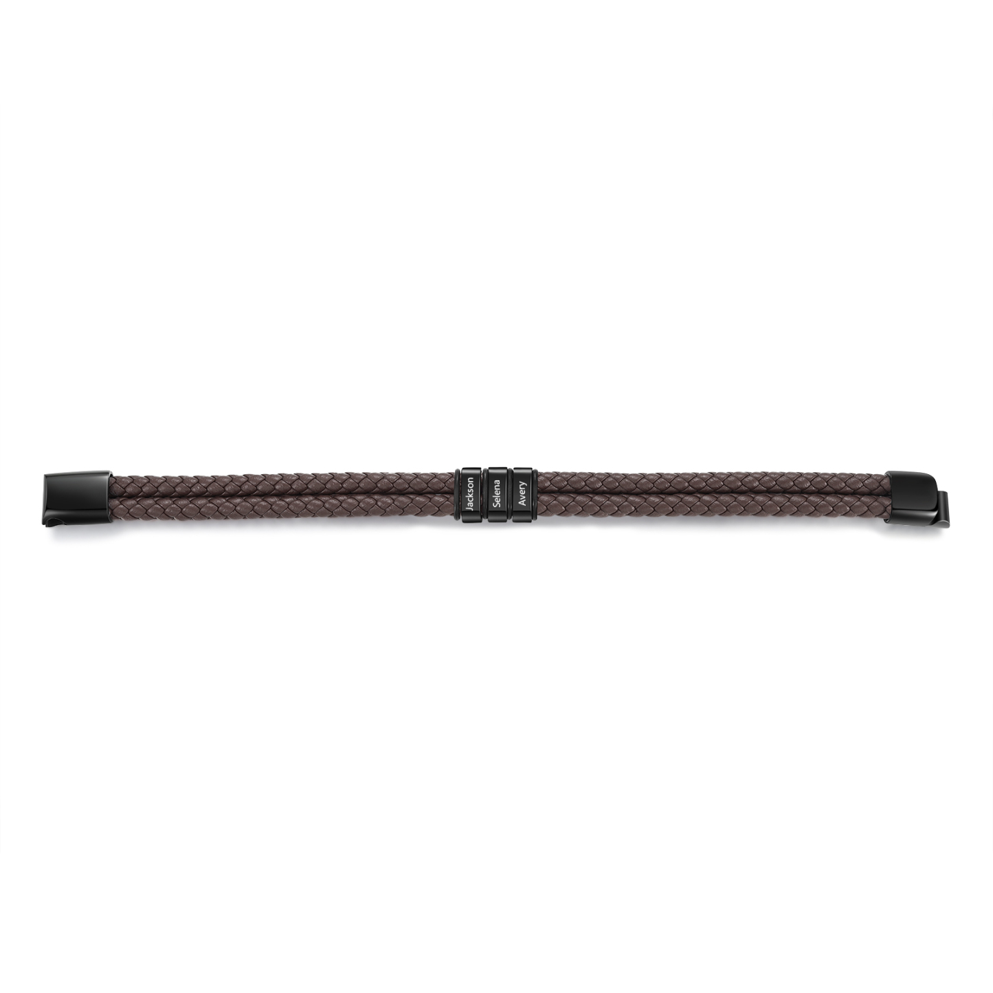 Pulsera de cuero trenzado de hombre con 3 perlas personalizadas con 3 nombres