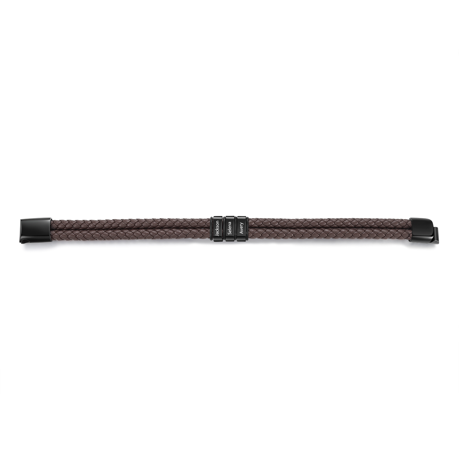 Pulsera de cuero trenzado de hombre con 3 perlas personalizadas con 3 nombres