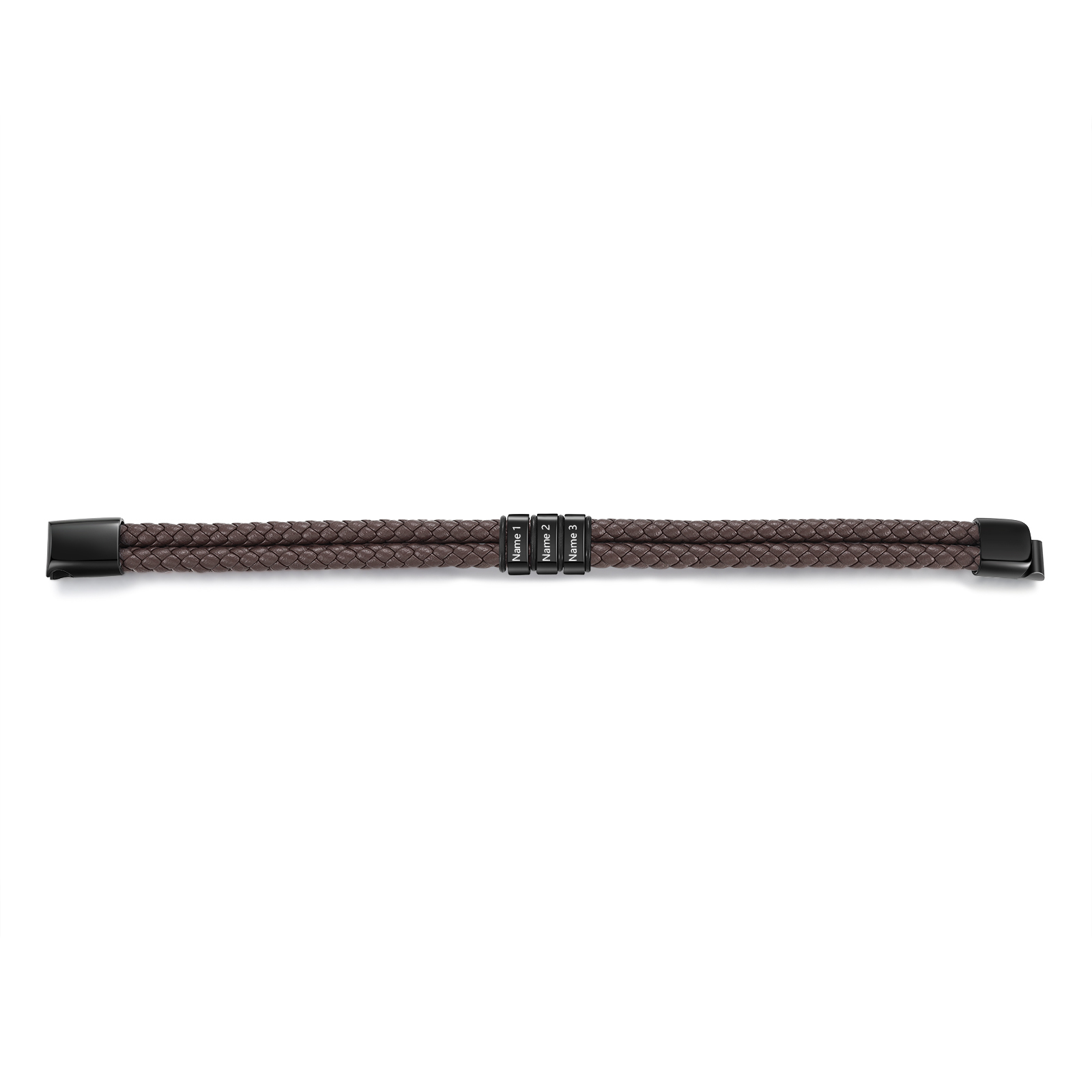 Pulsera de cuero trenzado de hombre con 3 perlas personalizadas con 3 nombres