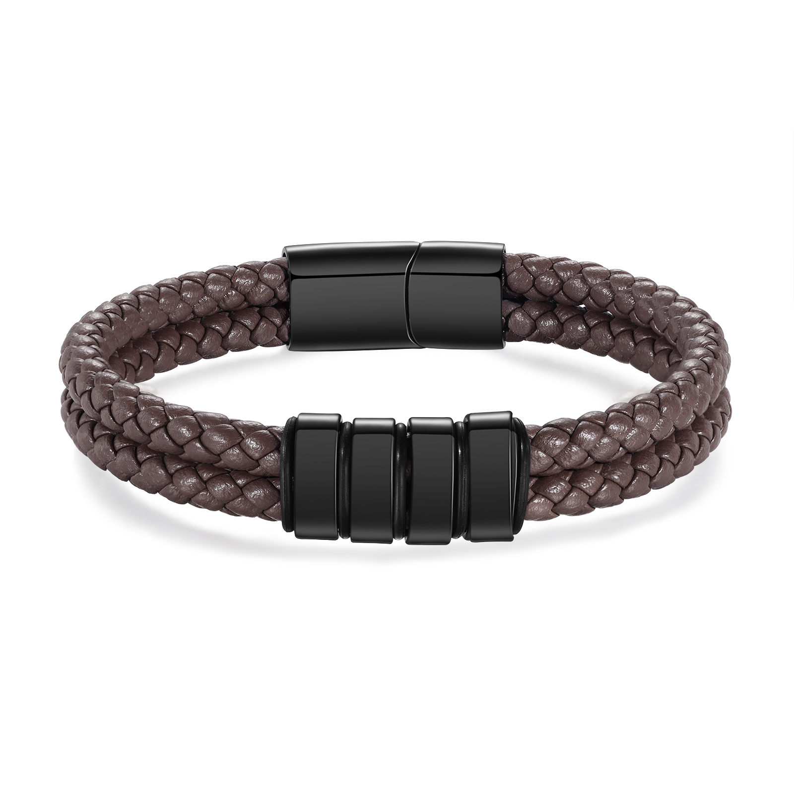 Pulsera de cuero trenzado de hombre con 4 perlas personalizadas con 4 nombres