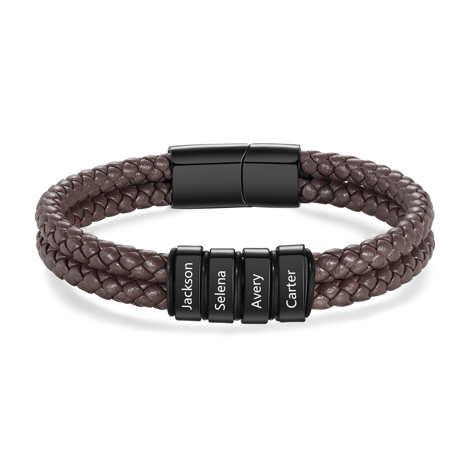 Pulsera de cuero trenzado de hombre con 4 perlas personalizadas con 4 nombres