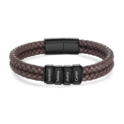 Pulsera de cuero trenzado de hombre con 4 perlas personalizadas con 4 nombres