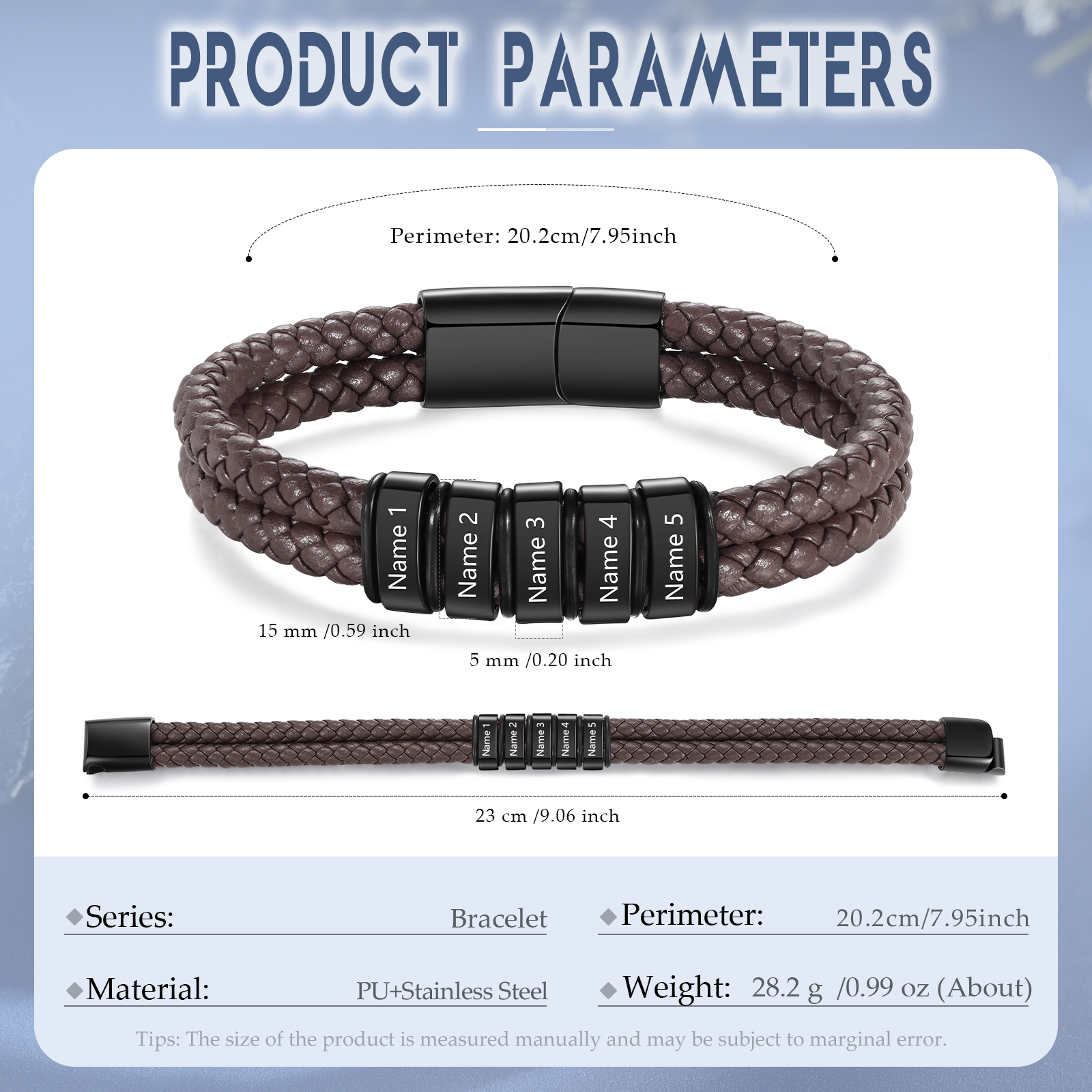 Pulsera de cuero trenzado de hombre con 5 perlas personalizadas con 5 nombres