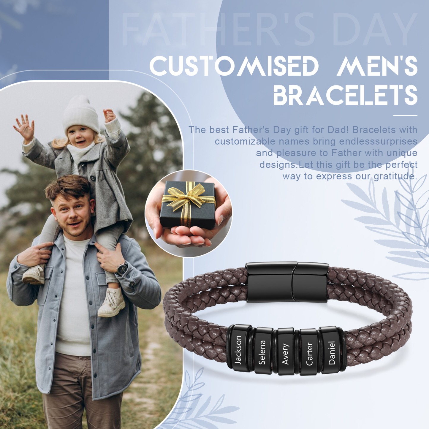 Pulsera de cuero trenzado de hombre con 5 perlas personalizadas con 5 nombres