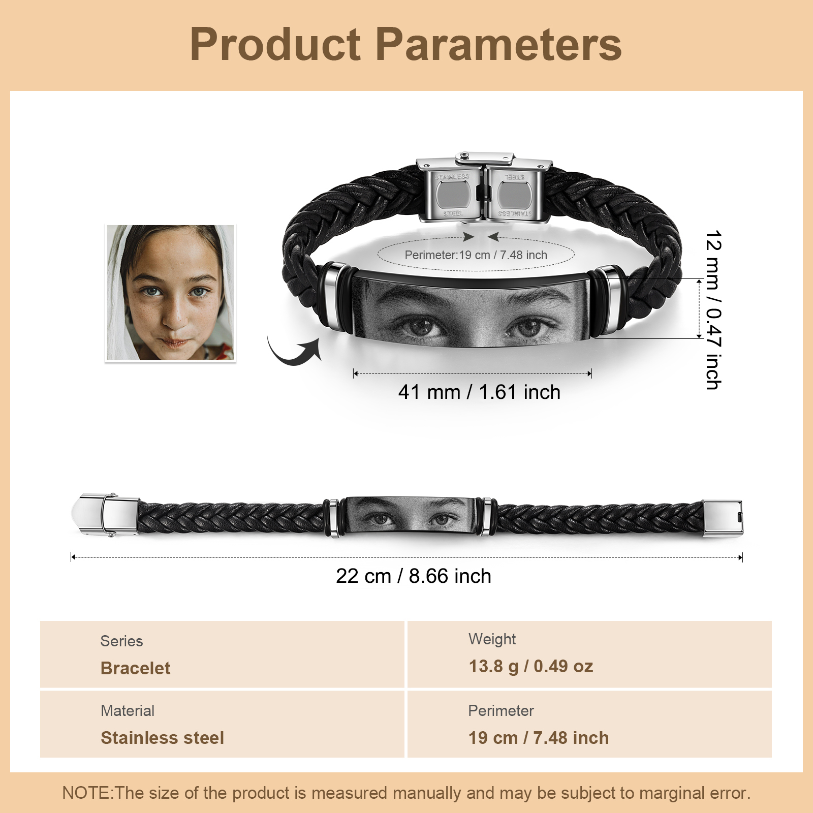 Pulsera de cuero trenzado para hombre con foto de ojos personalizada | Jessemade