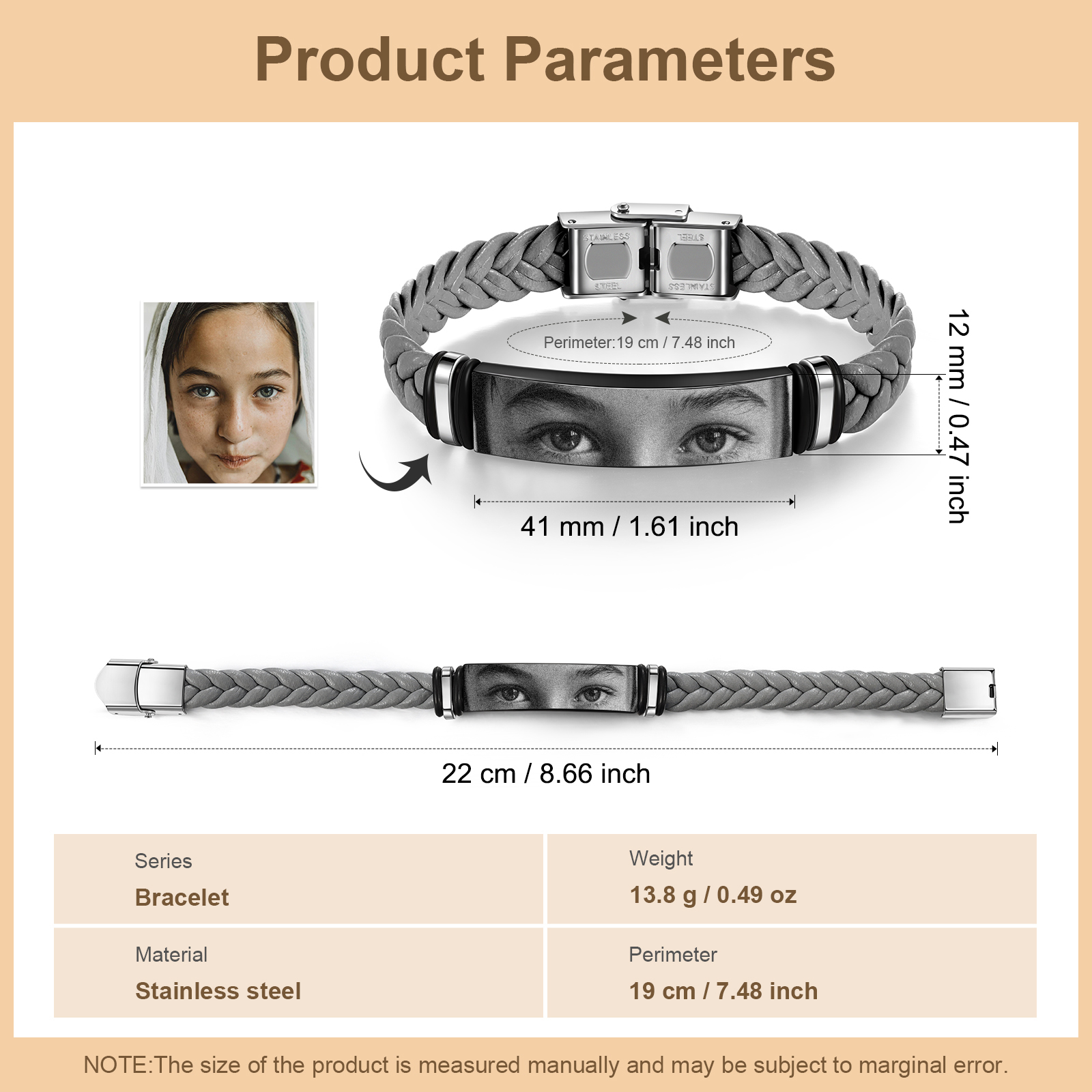 Pulsera de cuero trenzado para hombre con foto de ojos personalizada | Jessemade