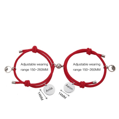 Pulsera de dos piezas de cuerda con 2 nombres personalizados para pareja con dije magnético