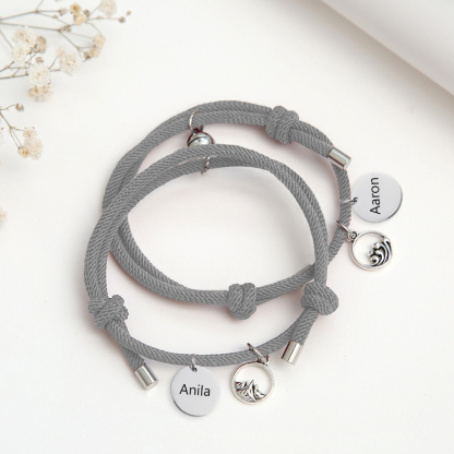 Pulsera de dos piezas de cuerda con 2 nombres personalizados para pareja con dije magnético