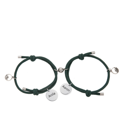 Pulsera de dos piezas de cuerda con 2 nombres personalizados para pareja con dije magnético