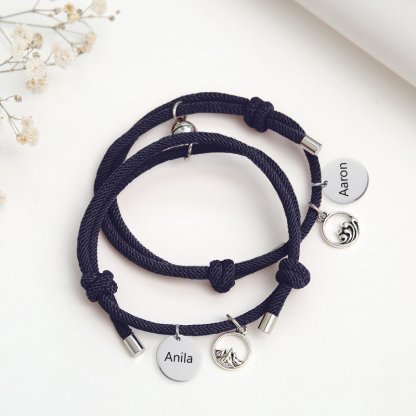Pulsera de dos piezas de cuerda con 2 nombres personalizados para pareja con dije magnético