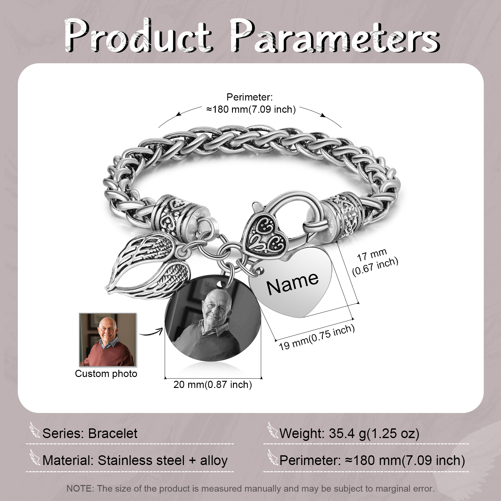 Pulsera Conmemorativa Corazón y Alas con 1 Nombre y Foto Pulsera Personalizada | Jessemade