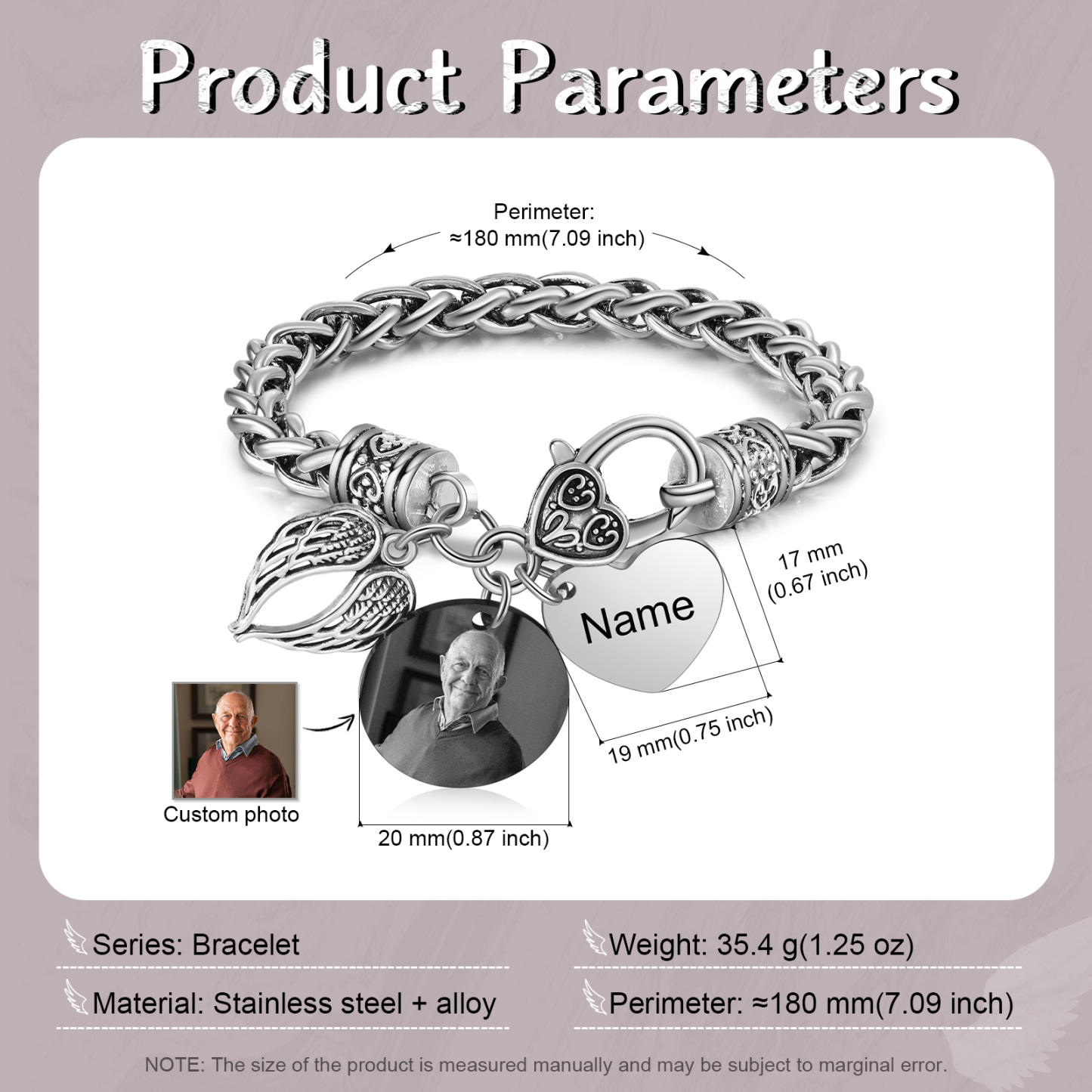 Pulsera Conmemorativa Corazón y Alas con 1 Nombre y Foto Pulsera Personalizada | Jessemade