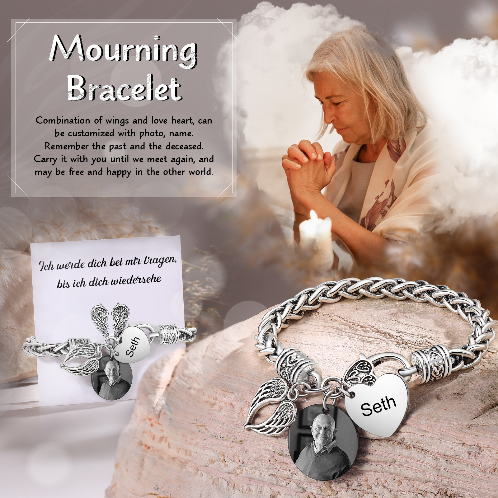 Pulsera Conmemorativa Corazón y Alas con 1 Nombre y Foto Pulsera Personalizada | Jessemade