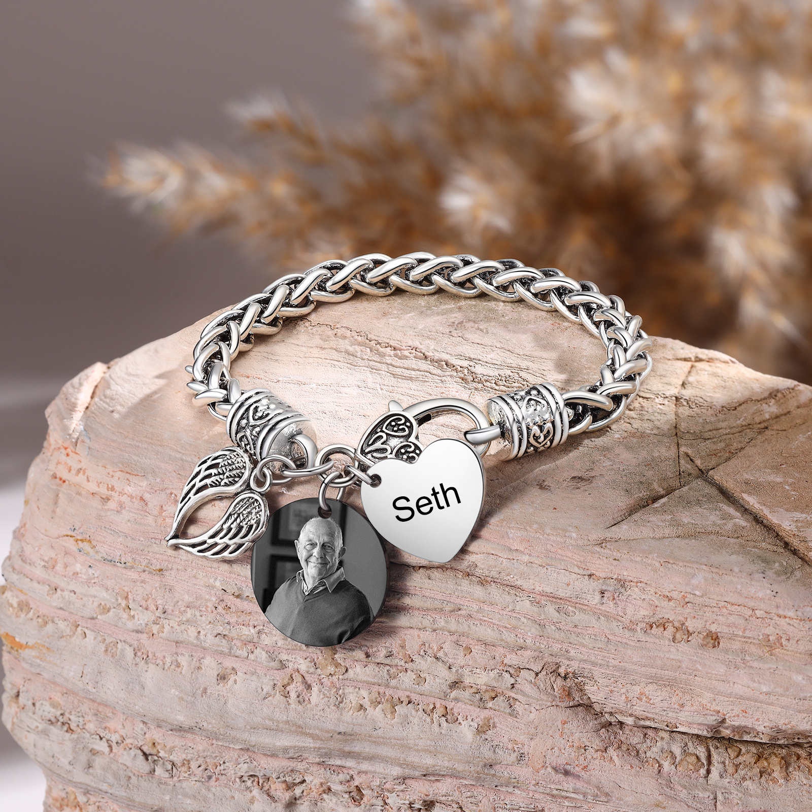Pulsera Corazón y Alas 1 Nombre Personalizado Pulsera Personalizada |