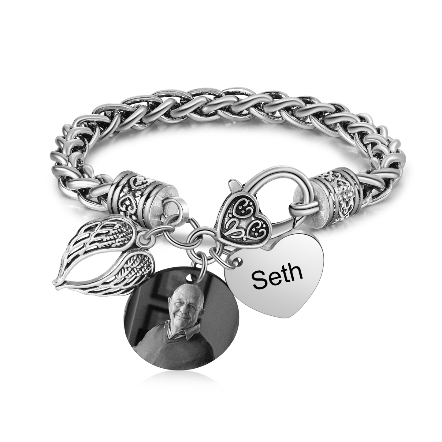 Pulsera Conmemorativa Corazón y Alas con 1 Nombre y Foto Pulsera Personalizada | Jessemade