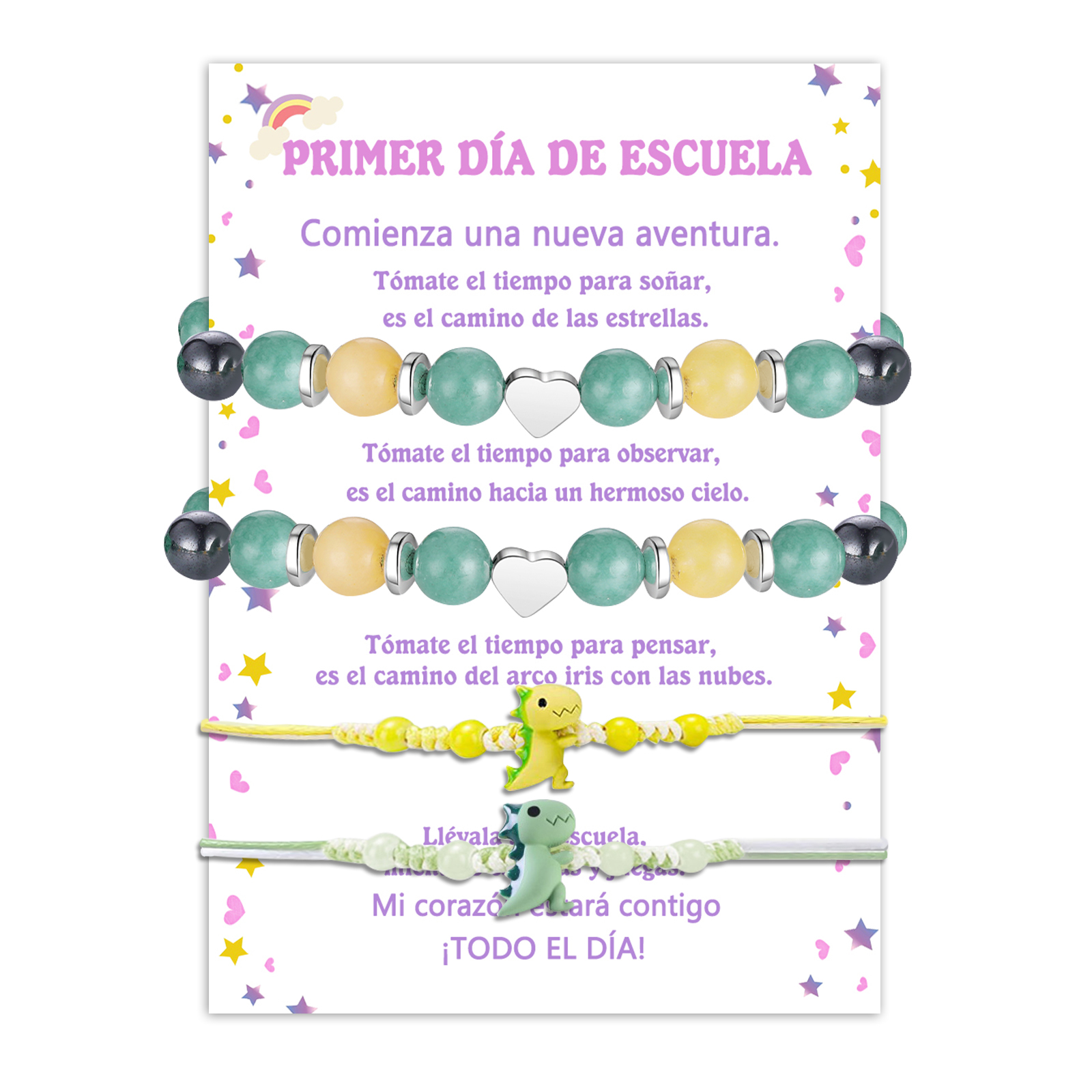 Unidad de 4 pulseras dos de dinosaurio y dos de perlas - Regalos de regreso a la escuela